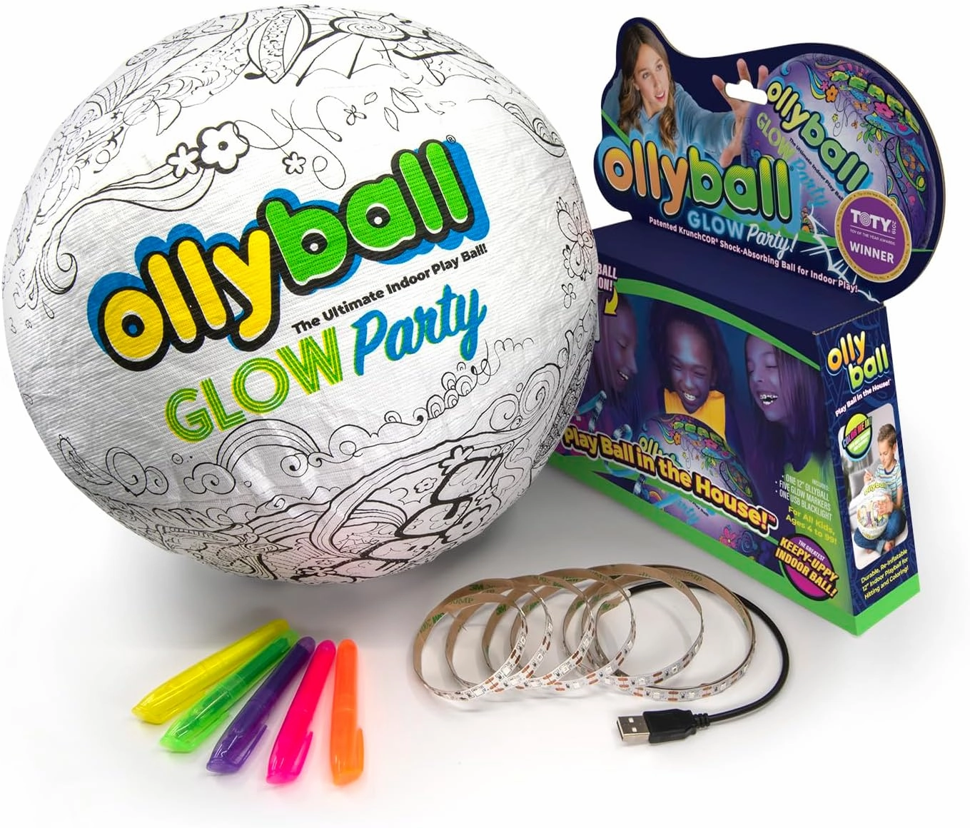 Ollyball New Glow Party! Glow in The Dark Inflatable Ball with LED Blacklight Strip and Five Glow Markers Included, Great Indoor Toy for Kids of All Ages!
