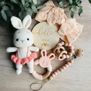 Organic Baby Gift Set/Baby Gift Set with Crochet Bunny, Wooden Teething Toys, Headband, Hello World Sign, Pink (Pink)