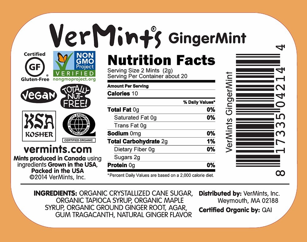 Organic Breath Mints by VerMints, GingerMint Flavor, All Natural, Non-GMO, Nut Free, Gluten Free, Vegan, KSA Kosher, Pack of 6, 1.41oz Tins