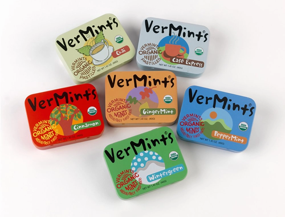 Organic Breath Mints by VerMints, GingerMint Flavor, All Natural, Non-GMO, Nut Free, Gluten Free, Vegan, KSA Kosher, Pack of 6, 1.41oz Tins
