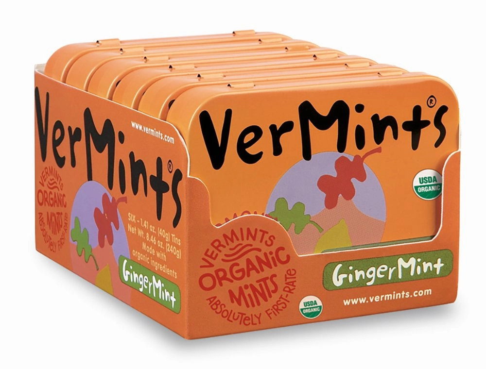 Organic Breath Mints by VerMints, GingerMint Flavor, All Natural, Non-GMO, Nut Free, Gluten Free, Vegan, KSA Kosher, Pack of 6, 1.41oz Tins