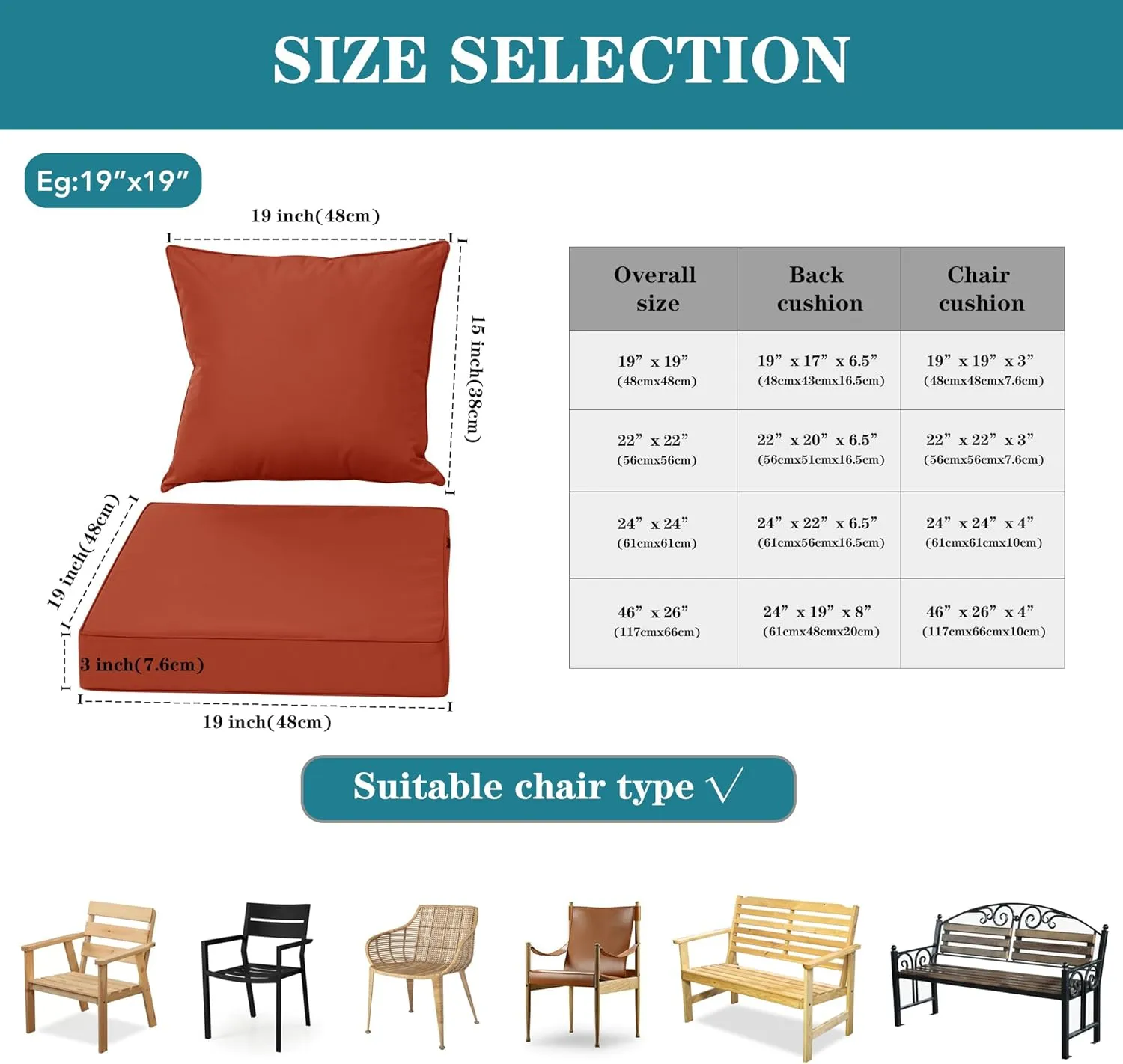 Outdoor Chair Cushions, Waterproof Fade Resistant Deep Seat and Backrest Cushion Set for Patio Furniture, Rust, 22x22 Inch, 1 Set