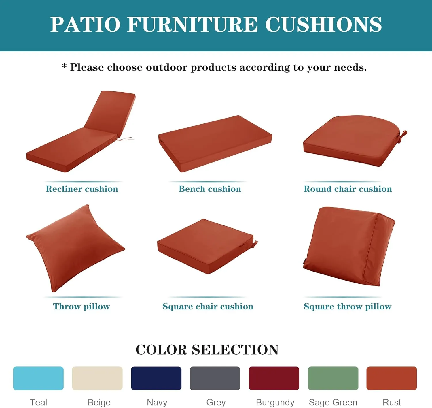 Outdoor Chair Cushions, Waterproof Fade Resistant Deep Seat and Backrest Cushion Set for Patio Furniture, Rust, 22x22 Inch, 1 Set