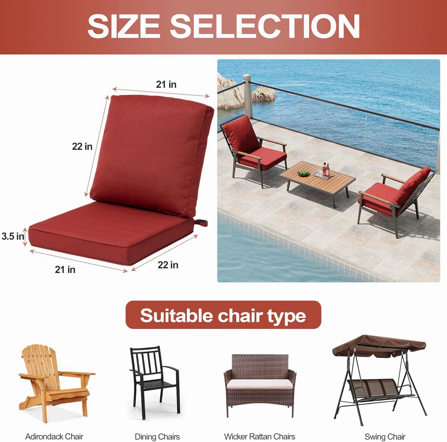 Outdoor Chair Cushions Water Resistant Patio Furniture Cushions 2-Year Fade Resistant Deep Seat Cushions, Replacement Cushions for Outdoor Furniture (22 x 22 Inch, Cherry Red)