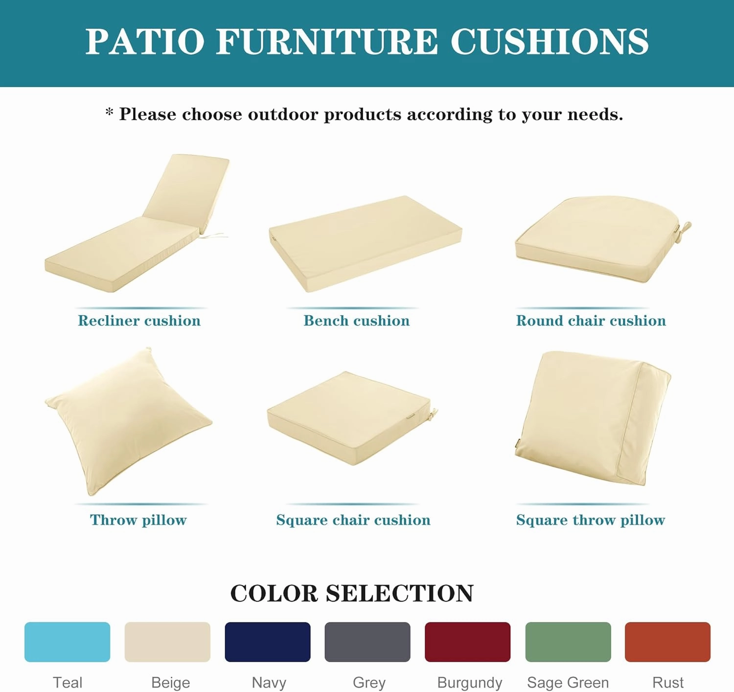 Outdoor Cushions for Patio Furniture, Waterproof Fade and Tear Resistant Deep Seat and Backrest Cushion Set for Chair Couch Swing, 24x24 Inch, Beige, Set of 4