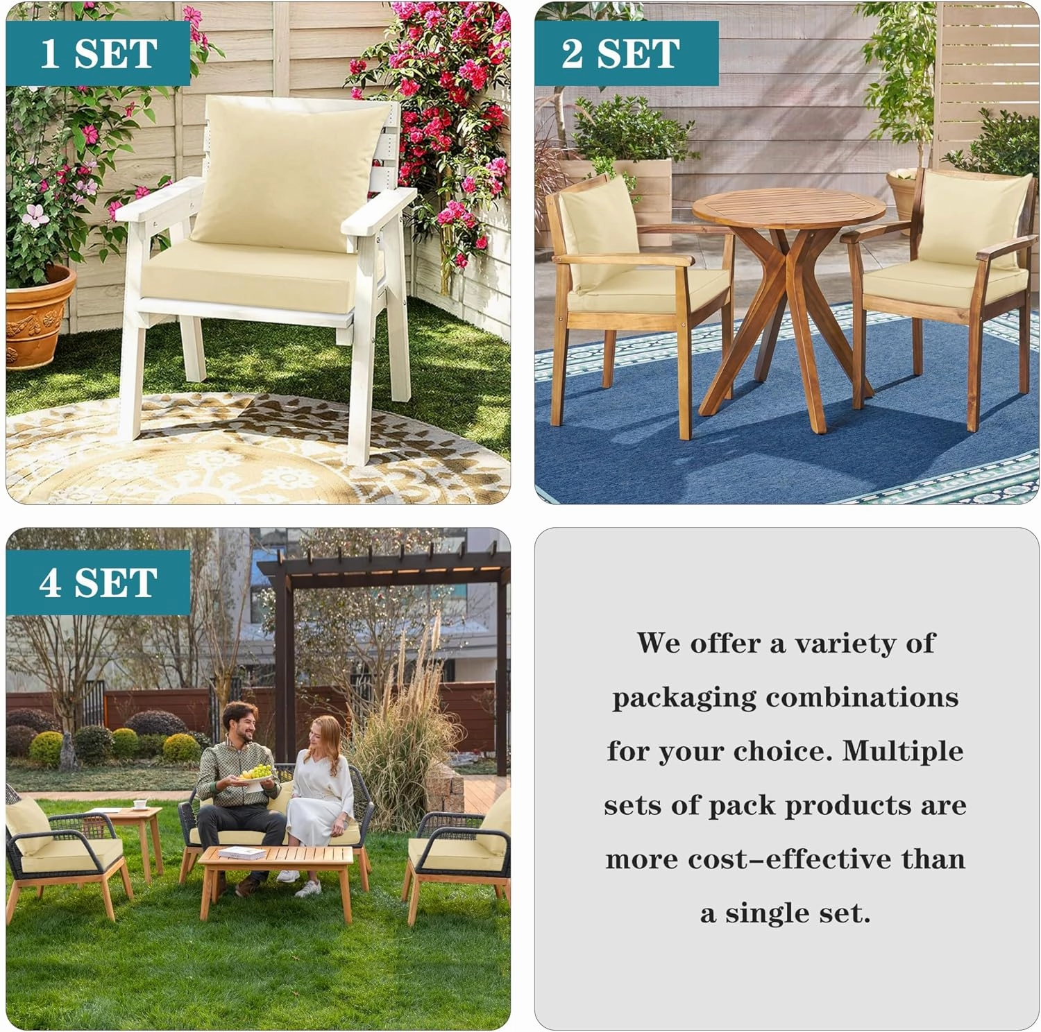Outdoor Cushions for Patio Furniture, Waterproof Fade and Tear Resistant Deep Seat and Backrest Cushion Set for Chair Couch Swing, 24x24 Inch, Beige, Set of 4
