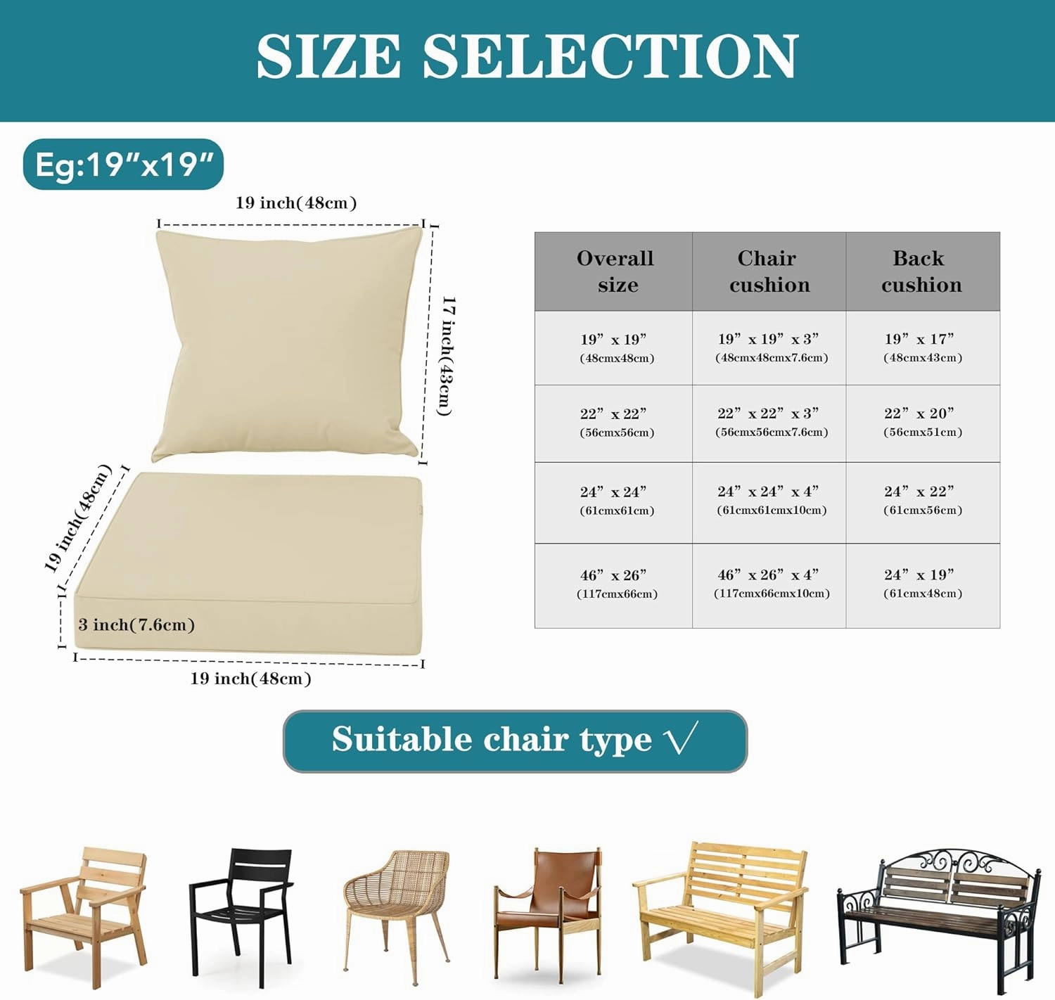 Outdoor Cushions for Patio Furniture, Waterproof Fade and Tear Resistant Deep Seat and Backrest Cushion Set for Chair Couch Swing, 24x24 Inch, Beige, Set of 4