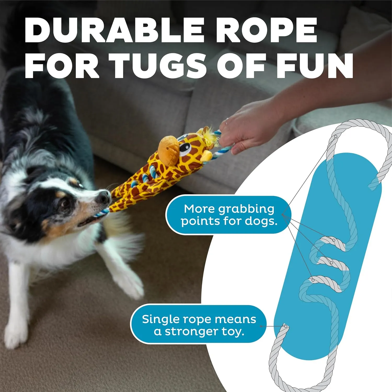 Outward Hound Ropiez Rope Interactive Dog Tug Toy for Tugging Squeaky Fun, Giraffe, Yellow, Large