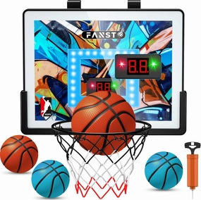 Over The Door Basketball Hoop, Basketball Hoop Indoor for Kids with LED Cheering, Anti-Impact, 2 Game Mode& Mute Mode, Mini Basketball Hoop Door Slam Toy with 4 Ball for 5 6 7 8 9 10 11 12 Old Boys