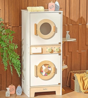 PairPear Toy Washing Machine Wooden Washer and Dryer Laundry Playset for Kids, Wooden Stacking Washer and Dryer Toy with Iron, Pretend Toddler Kitchen Toy with Accessories for Age 3 