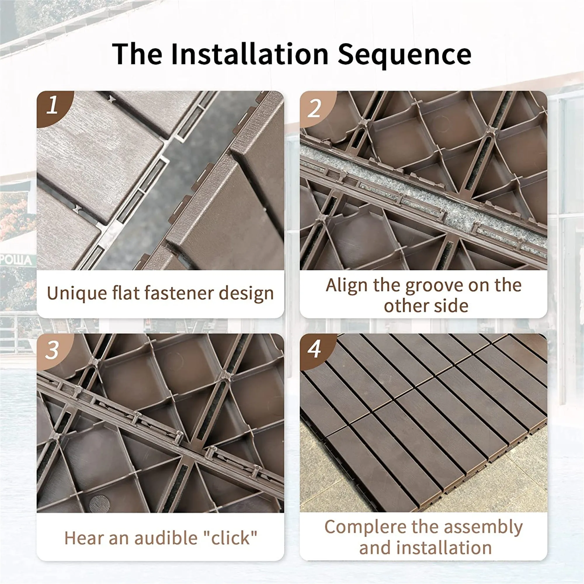 Patio Interlocking Deck Tiles, 12"x12" Square Composite Decking Tiles, Four Slat Plastic Outdoor Flooring Tile All Weather for Balcony Porch Backyard, (Dark Brown, Pack of 27)