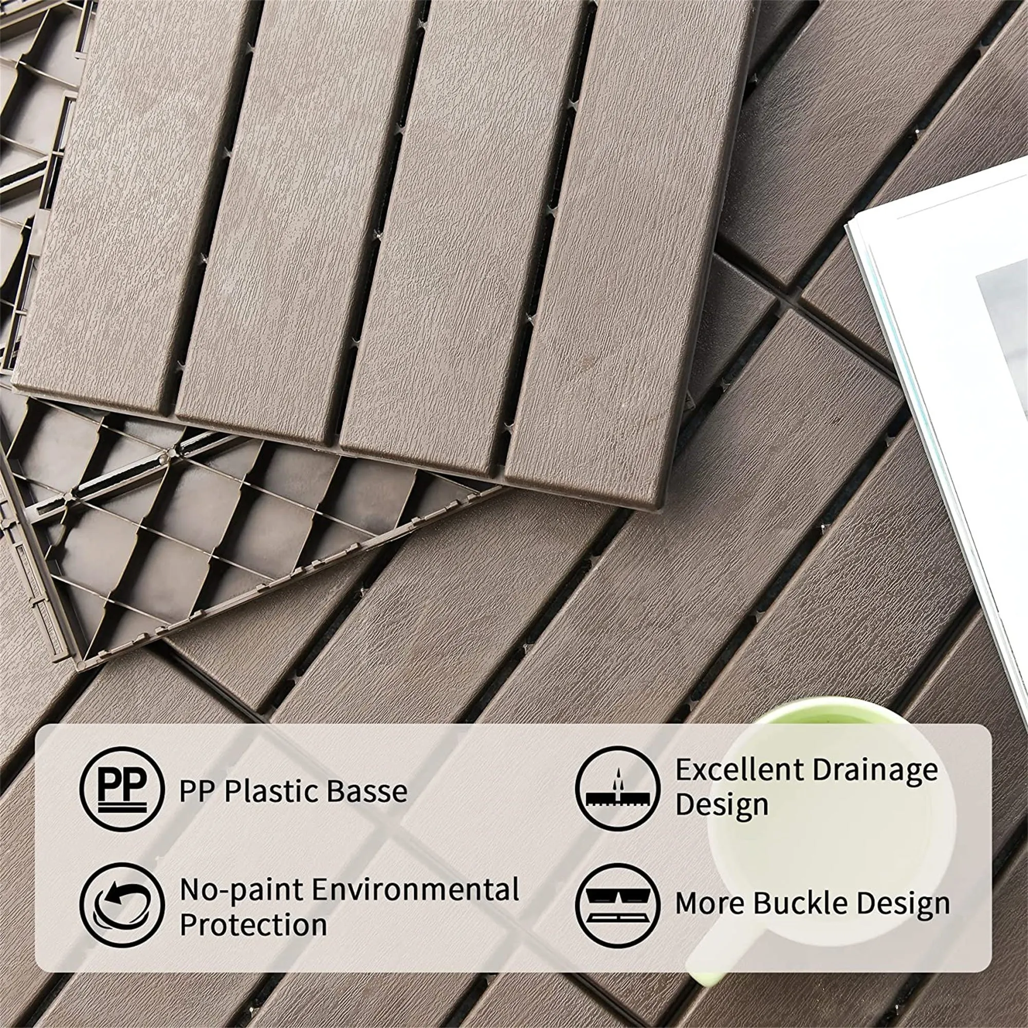 Patio Interlocking Deck Tiles, 12"x12" Square Composite Decking Tiles, Four Slat Plastic Outdoor Flooring Tile All Weather for Balcony Porch Backyard, (Dark Brown, Pack of 27)
