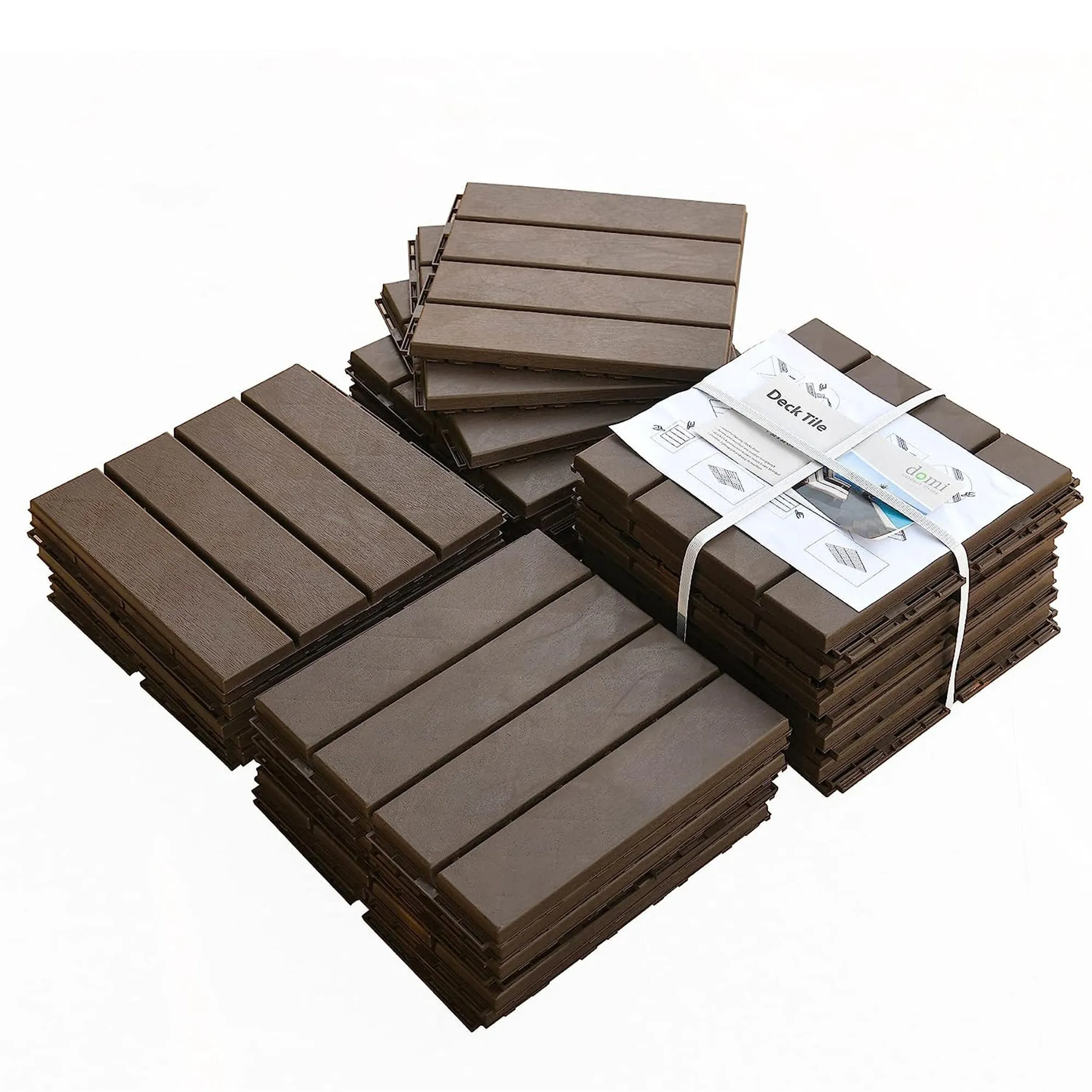 Patio Interlocking Deck Tiles, 12"x12" Square Composite Decking Tiles, Four Slat Plastic Outdoor Flooring Tile All Weather for Balcony Porch Backyard, (Dark Brown, Pack of 27)