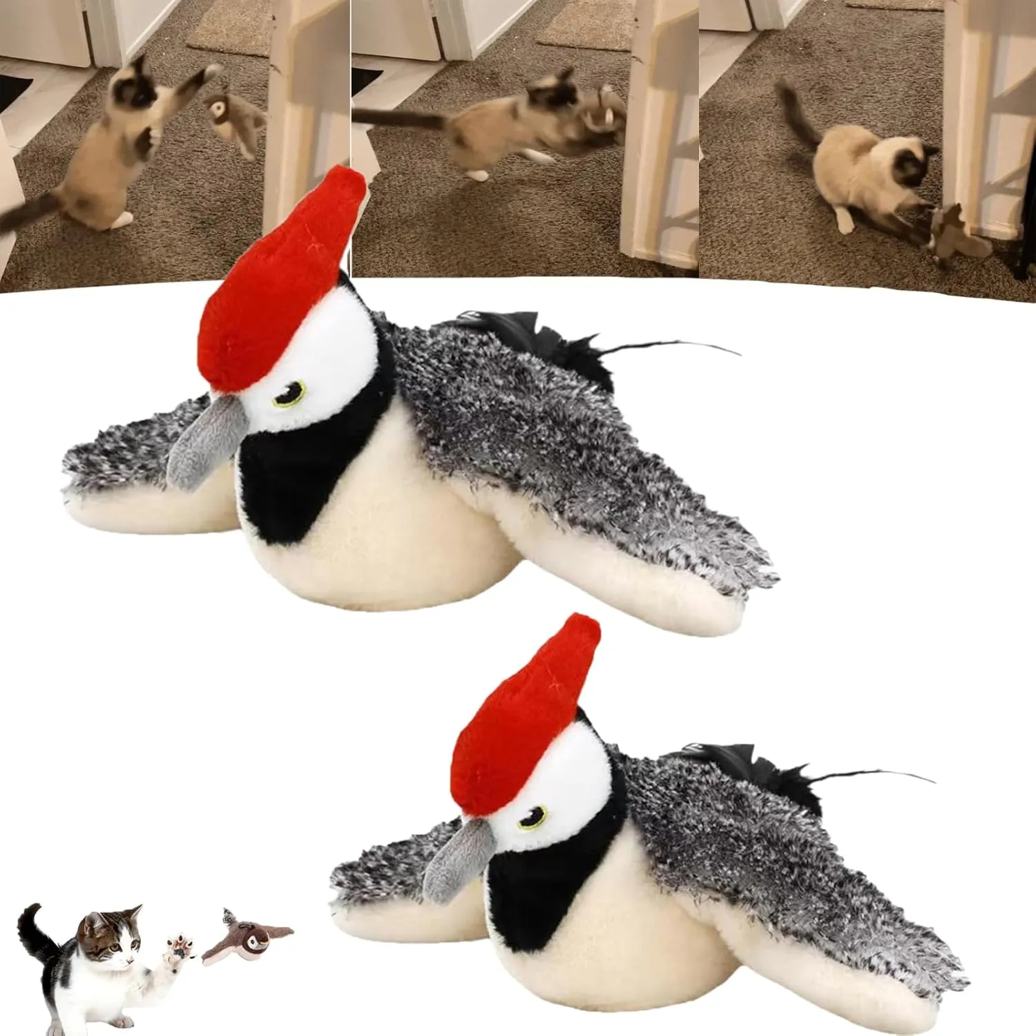 Pawactive Vocal Prey Toy, Bird Toy That Chirps and Flaps, Chirping Birds Cat Toys Flapping Wings Flying, Flying Interactive Simulation Electric Sparrow Shaking Bird (2*Woodpecker)