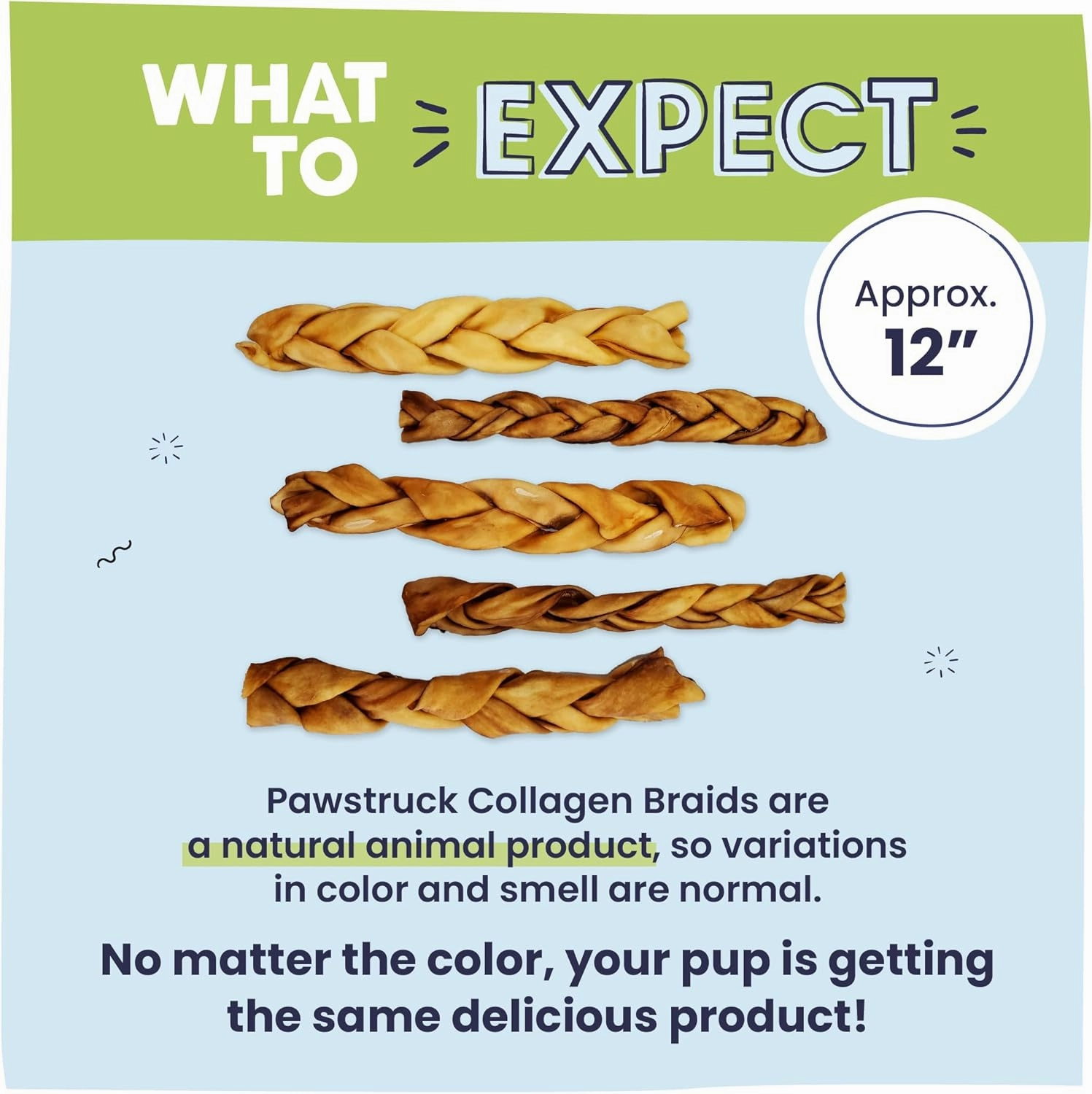 Pawstruck Natural Large 10-13” Beef Collagen Braids for Dogs – Long-Lasting Rawhide & Bully Stick Alternative, with Chondroitin & Glucosamine – 3 Pack