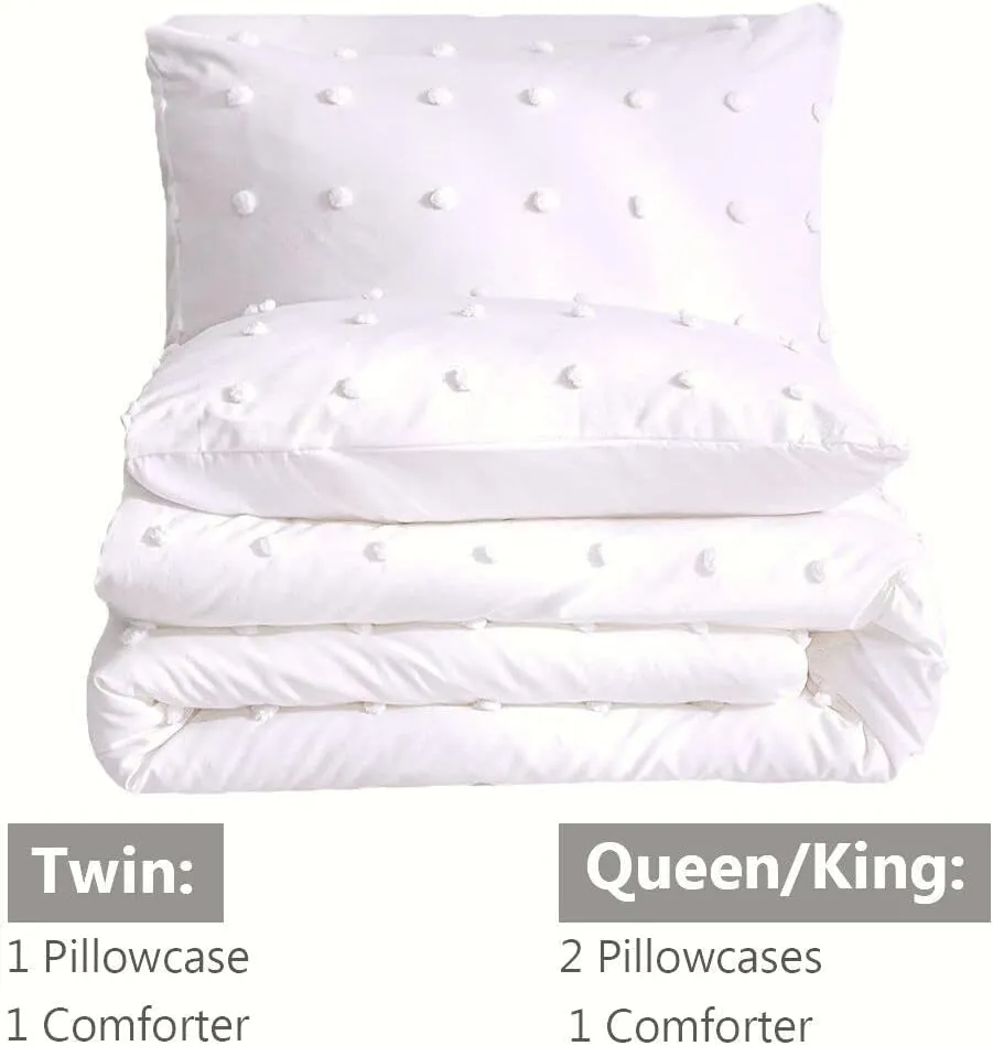 Paxrac Tufted White Queen Comforter Set (90x90 inches), 3 Pieces- Soft Cotton Jacquard Lightweight Comforter with 2 Pillowcases, Chenille Dots All Season Down Alternative Comforter Set for Bedding
