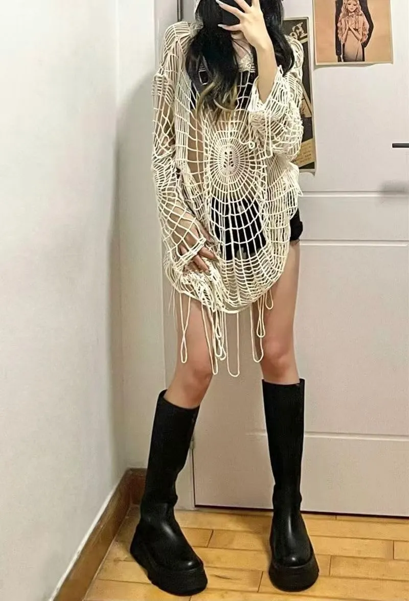 Pbkabiug Fairy Grunge Clothes Y2k Clothes Y2k Spider Web Hollow Hole Design Spice Girl Hooded Pullover Knit Top Sweater Women