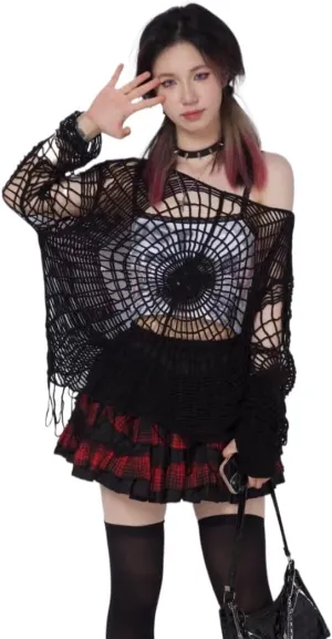 Pbkabiug Fairy Grunge Clothes Y2k Clothes Y2k Spider Web Hollow Hole Design Spice Girl Hooded Pullover Knit Top Sweater Women