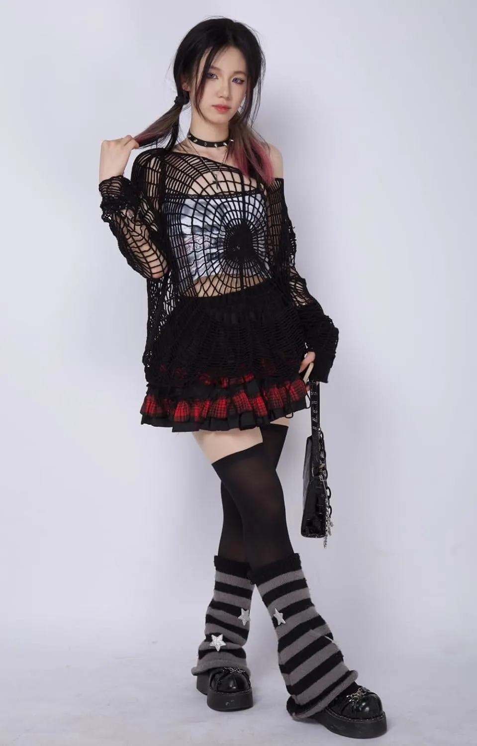 Pbkabiug Fairy Grunge Clothes Y2k Clothes Y2k Spider Web Hollow Hole Design Spice Girl Hooded Pullover Knit Top Sweater Women