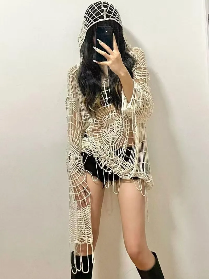 Pbkabiug Fairy Grunge Clothes Y2k Clothes Y2k Spider Web Hollow Hole Design Spice Girl Hooded Pullover Knit Top Sweater Women