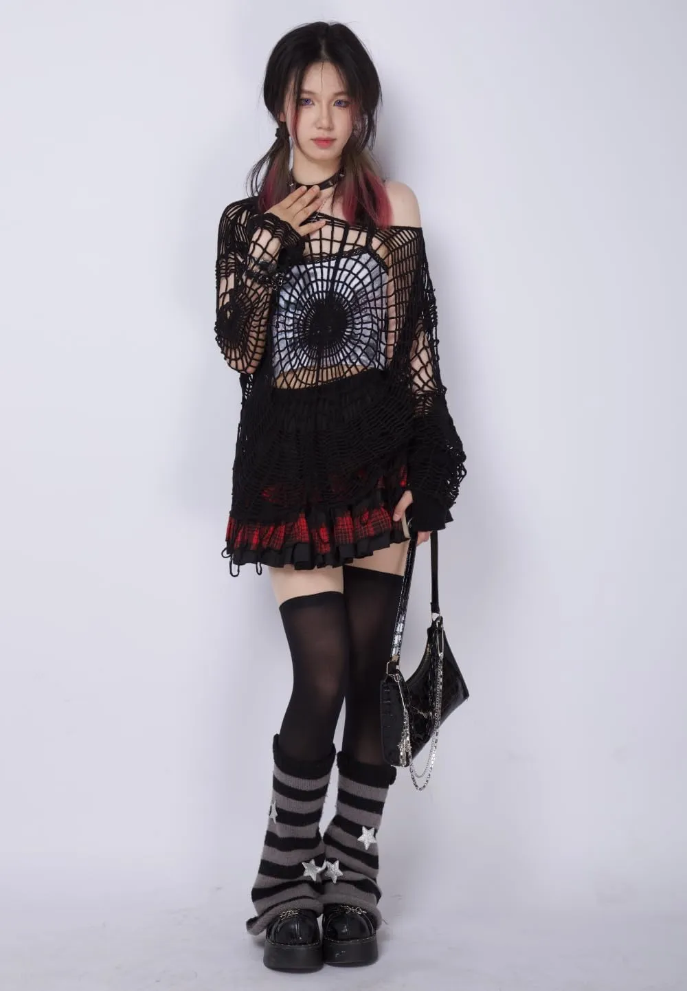 Pbkabiug Fairy Grunge Clothes Y2k Clothes Y2k Spider Web Hollow Hole Design Spice Girl Hooded Pullover Knit Top Sweater Women