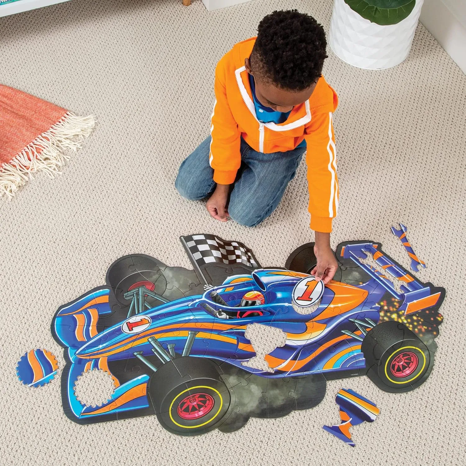 Peaceable Kingdom Giant Floor Puzzles with Uniquely Fun Shaped Pieces for Kids Ages 3  Gifts for Boys and Girls - Racecar