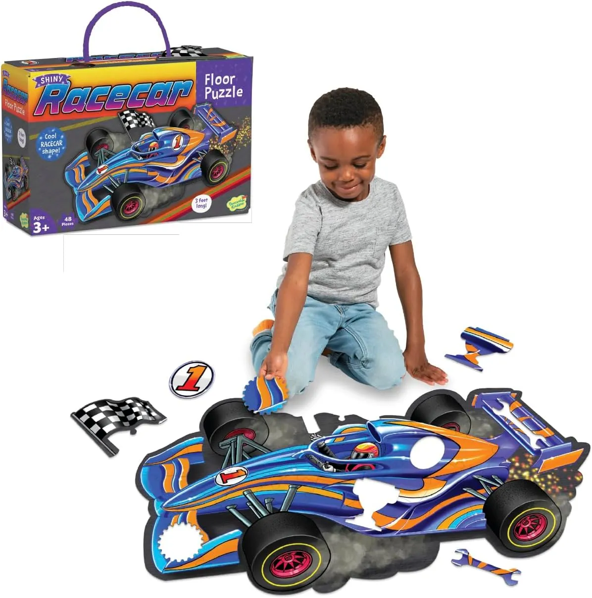 Peaceable Kingdom Giant Floor Puzzles with Uniquely Fun Shaped Pieces for Kids Ages 3  Gifts for Boys and Girls - Racecar