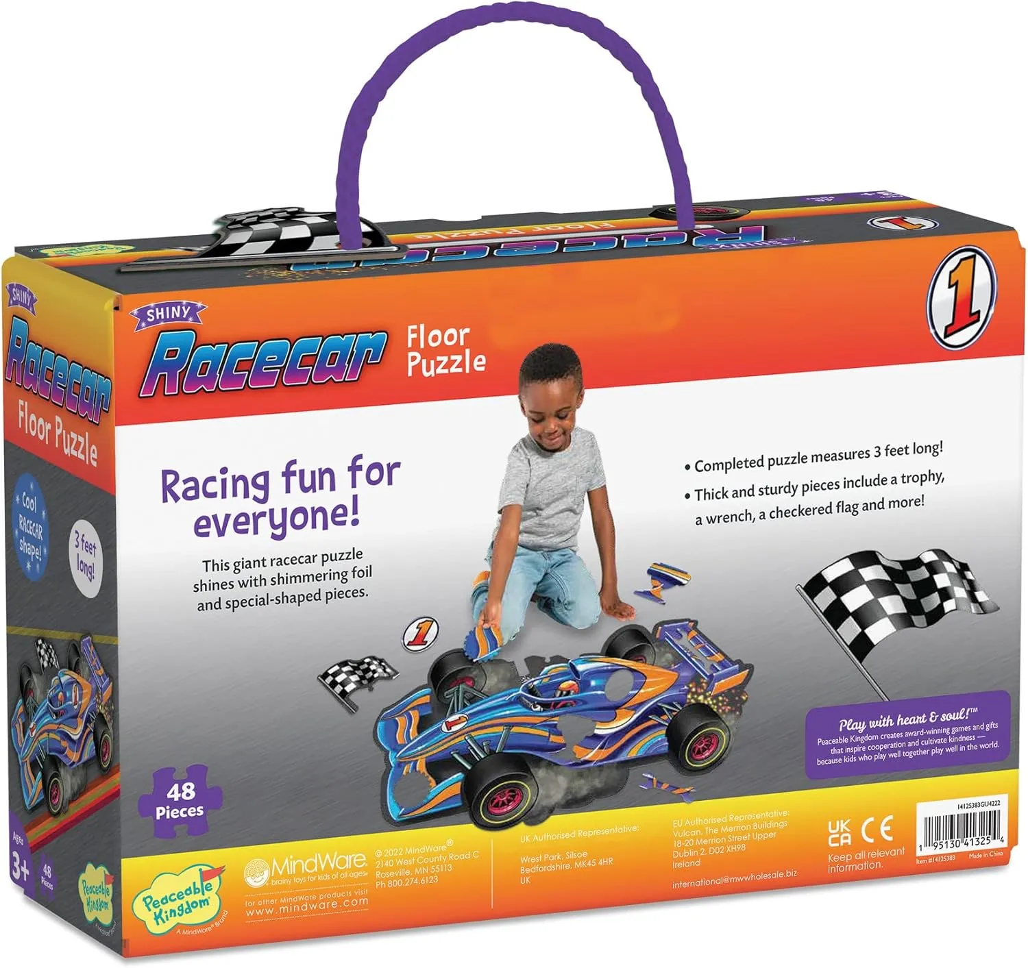 Peaceable Kingdom Giant Floor Puzzles with Uniquely Fun Shaped Pieces for Kids Ages 3  Gifts for Boys and Girls - Racecar