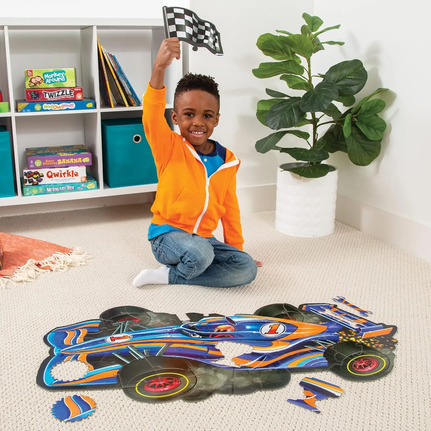 Peaceable Kingdom Giant Floor Puzzles with Uniquely Fun Shaped Pieces for Kids Ages 3  Gifts for Boys and Girls - Racecar