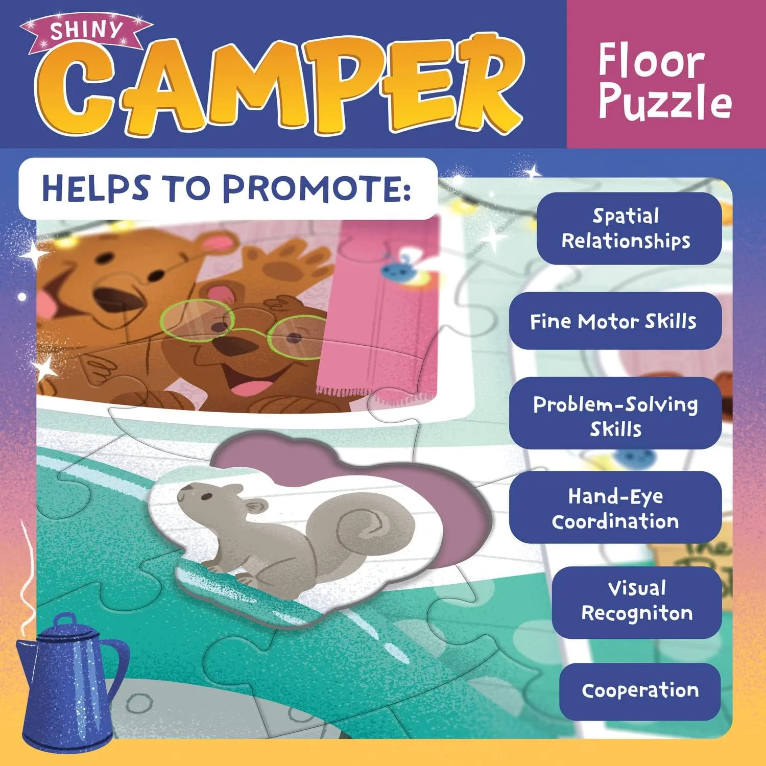 Peaceable Kingdom Shiny Camper Floor Puzzle – Giant Camping Puzzle for Kids Ages 3 & up – Fun Camper Shape – Great for Classrooms