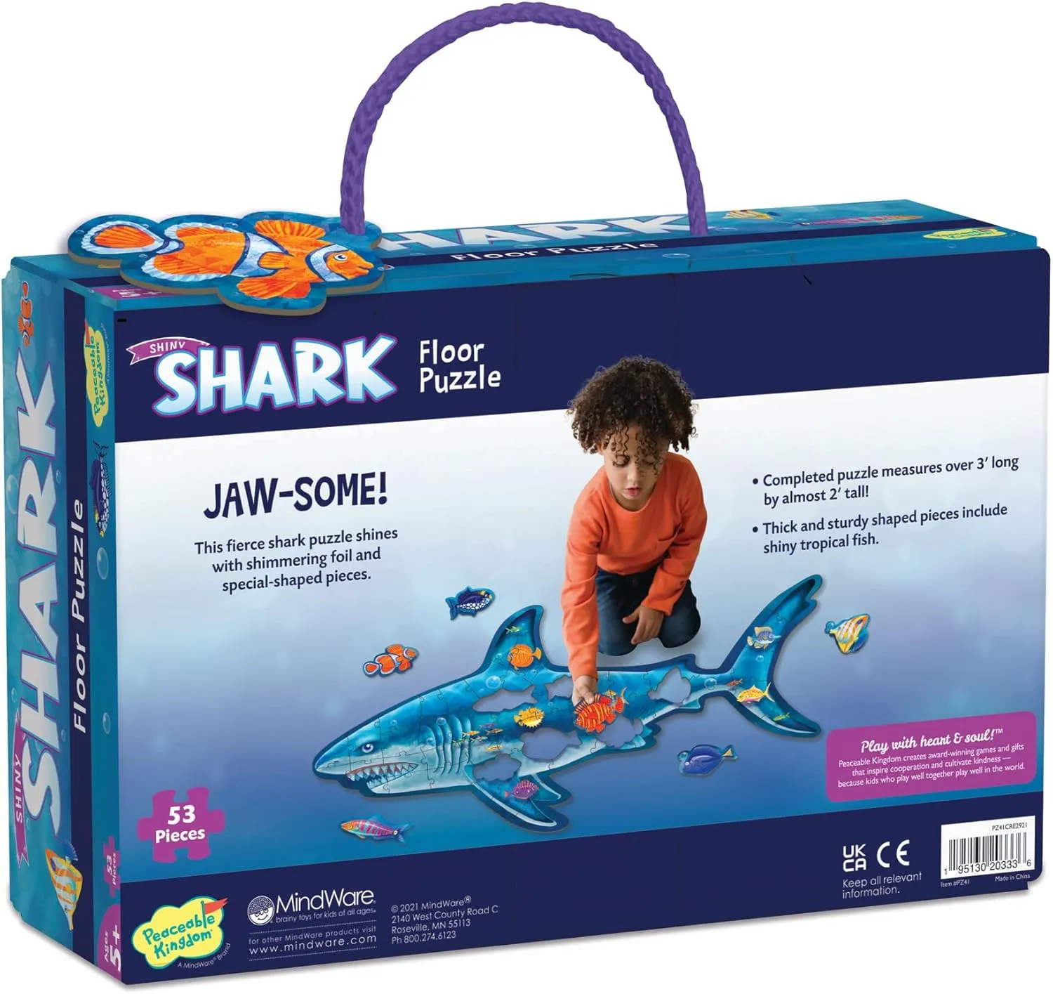 Peaceable Kingdom Shiny Shark Floor Puzzle – 53-Piece Giant Floor Puzzle for Kids Ages 5 & up – Fun-Shaped Puzzle Pieces – Great for Classrooms