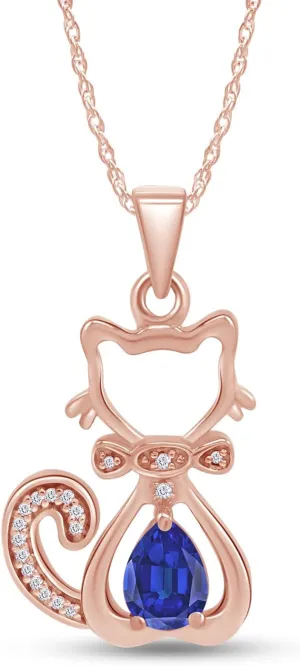 Pear & Round Cut Simulated Birthstone & White Natural Diamond Accent Cute Cat Kitty Pendant Necklace Along With 18" Silver Chain Jewelry For Women In 14k Gold Over Sterling Silver