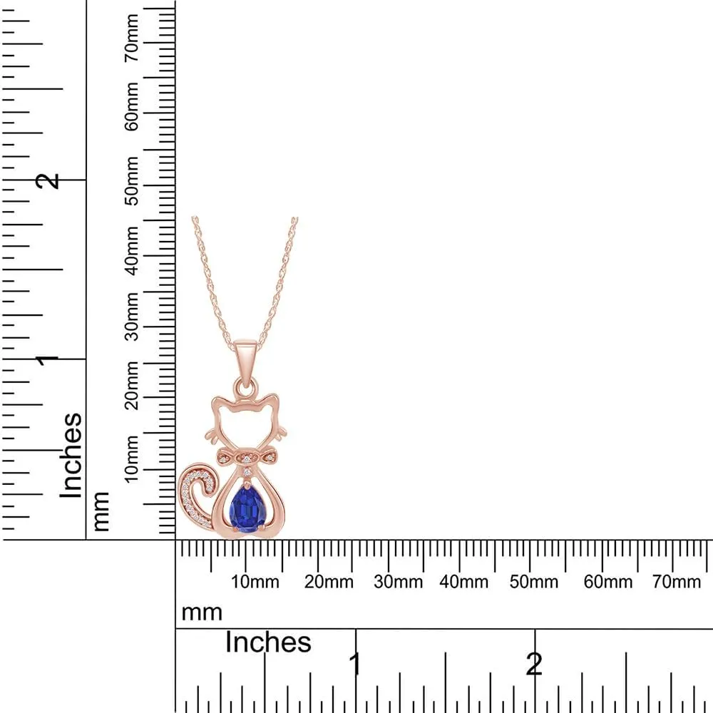 Pear & Round Cut Simulated Birthstone & White Natural Diamond Accent Cute Cat Kitty Pendant Necklace Along With 18" Silver Chain Jewelry For Women In 14k Gold Over Sterling Silver