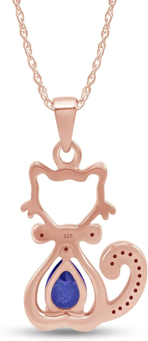 Pear & Round Cut Simulated Birthstone & White Natural Diamond Accent Cute Cat Kitty Pendant Necklace Along With 18" Silver Chain Jewelry For Women In 14k Gold Over Sterling Silver