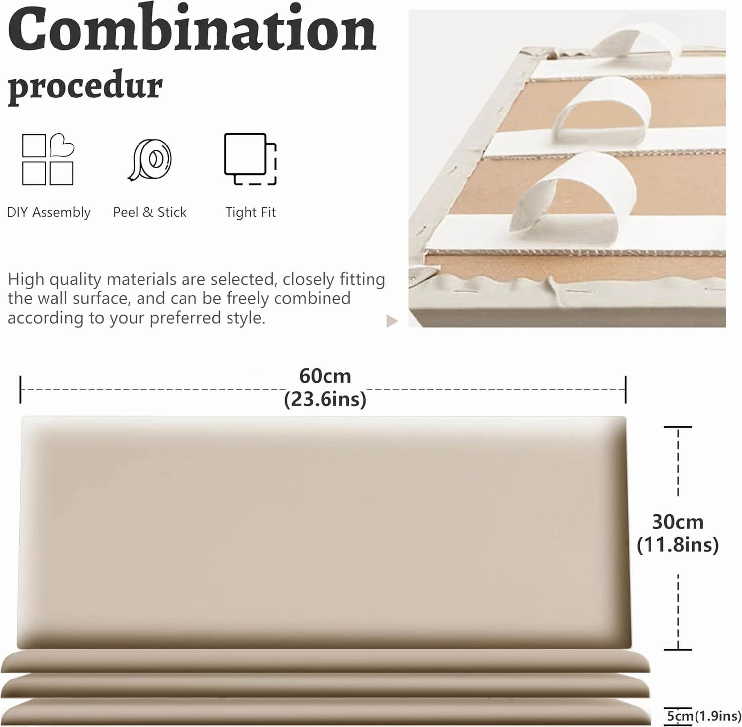 Peel and Stick Headboard for Twin Size Bed in Beige, Pack of 1 Panel for Bed Backboard, Waterproof Faux Leather 3D Padded Wall Panels, Upholstered Wall Panel 23.6 * 11.8 * 1.9’’
