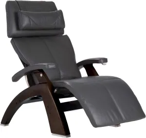 Perfect Chair Human Touch PC-420 Manual Zero Gravity Recliner Supreme Upholstery Package Dark Walnut Wood Stain - Gray Premium Leather
