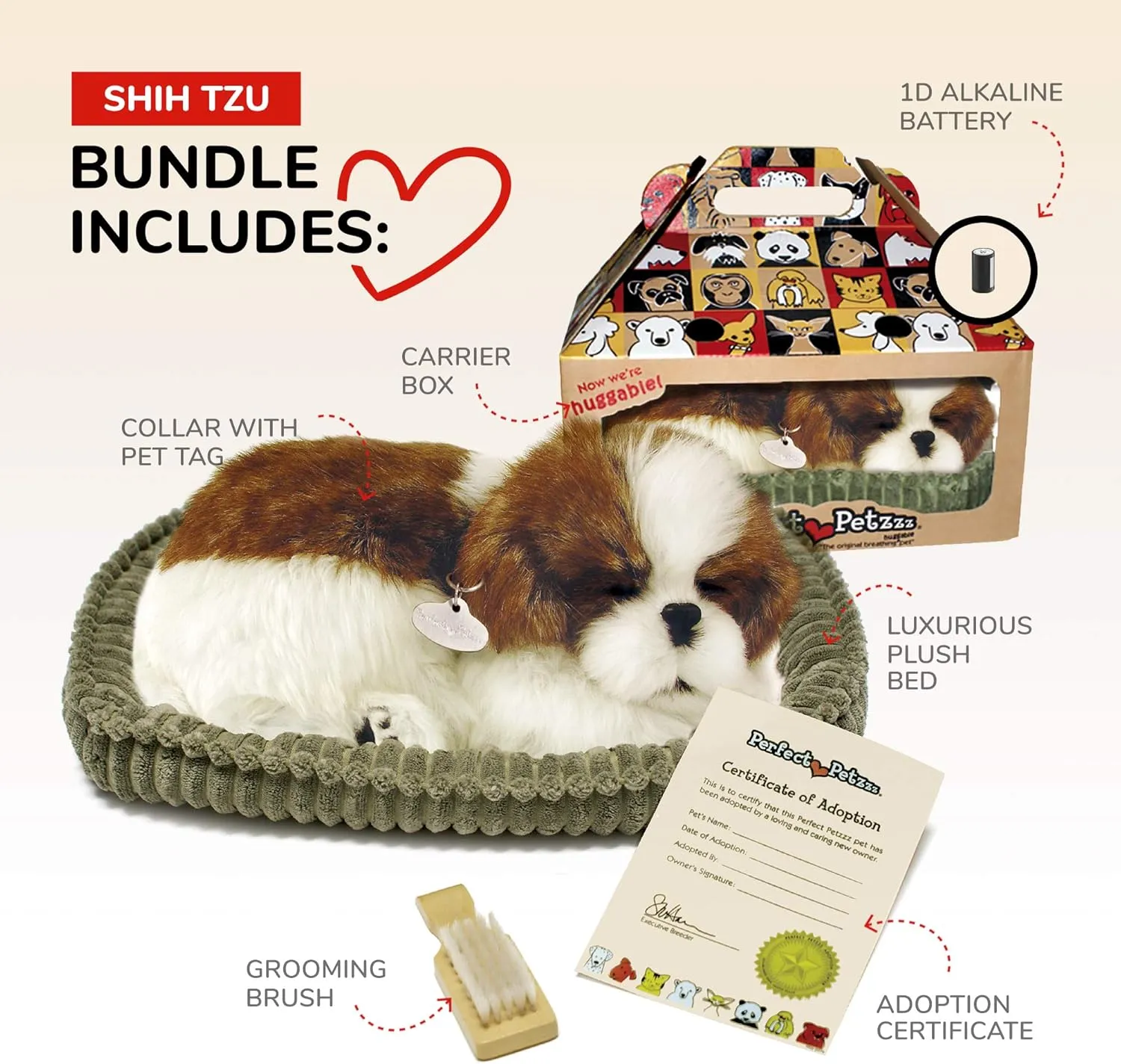 Perfect Petzzz | Peluche Réaliste - Shih Tzu| Avec Boîte de Transport et Lit | Piles Incluses