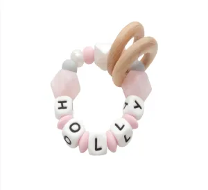 Personalised Teething Rattle Toy - Pink pearls