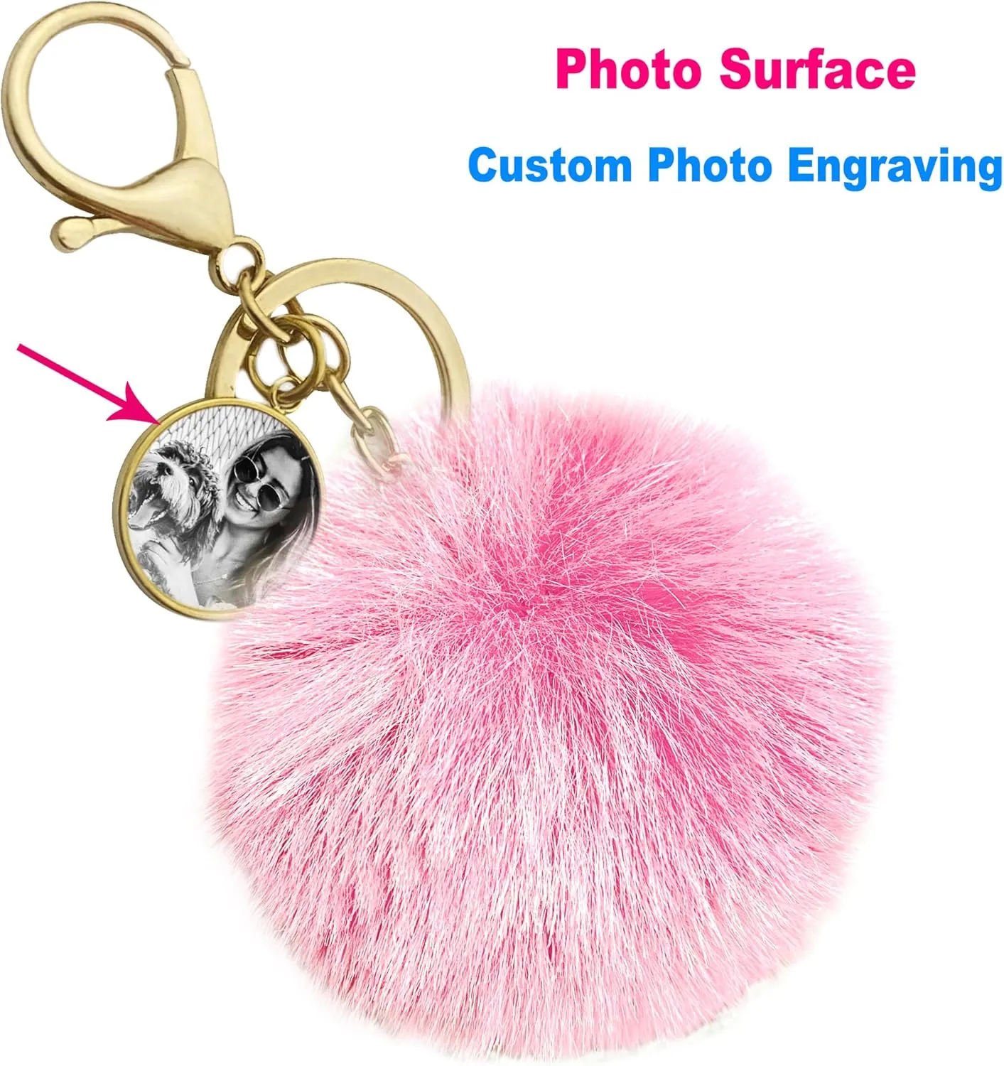 Personalized Photo Laser Engraved Text Cute Faux Fur Ball Pom Pom Pendant Universal Key Fob Holder Keychain