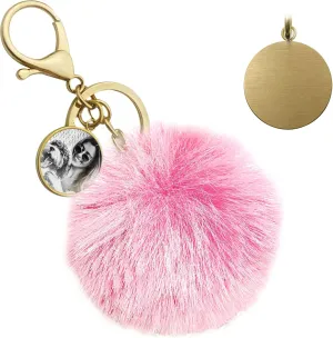 Personalized Photo Laser Engraved Text Cute Faux Fur Ball Pom Pom Pendant Universal Key Fob Holder Keychain