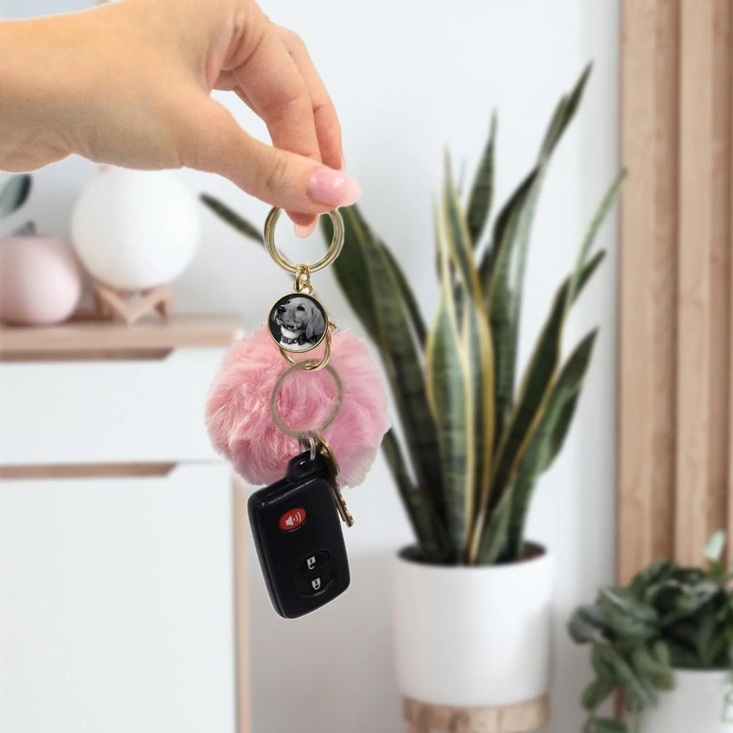 Personalized Photo Laser Engraved Text Cute Faux Fur Ball Pom Pom Pendant Universal Key Fob Holder Keychain