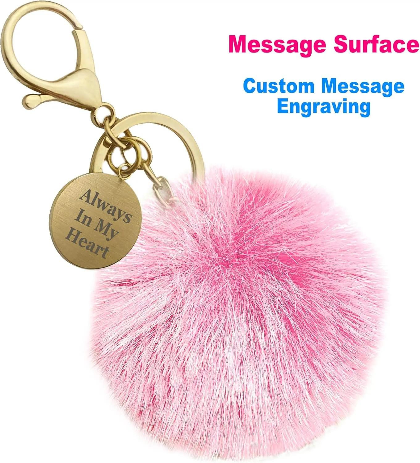 Personalized Photo Laser Engraved Text Cute Faux Fur Ball Pom Pom Pendant Universal Key Fob Holder Keychain