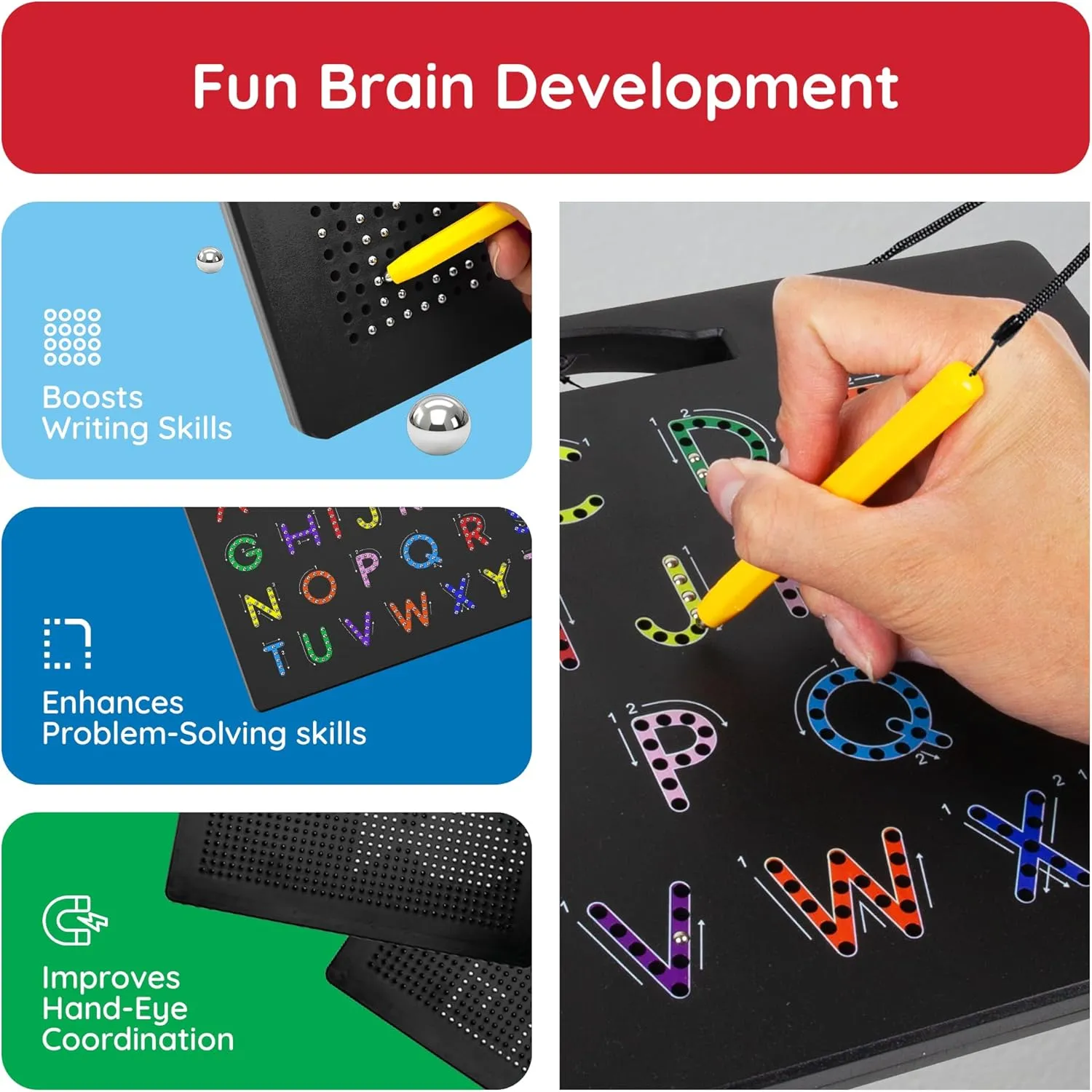 PicassoTiles 2-in-1 Magnetic Drawing Board Toy 12x10 inch Large Magnet Bead Tablet Pad with 2 Facings Alphabets STEM Educational Erasable & Reusable Learning Writing Playboard in Black PTB03