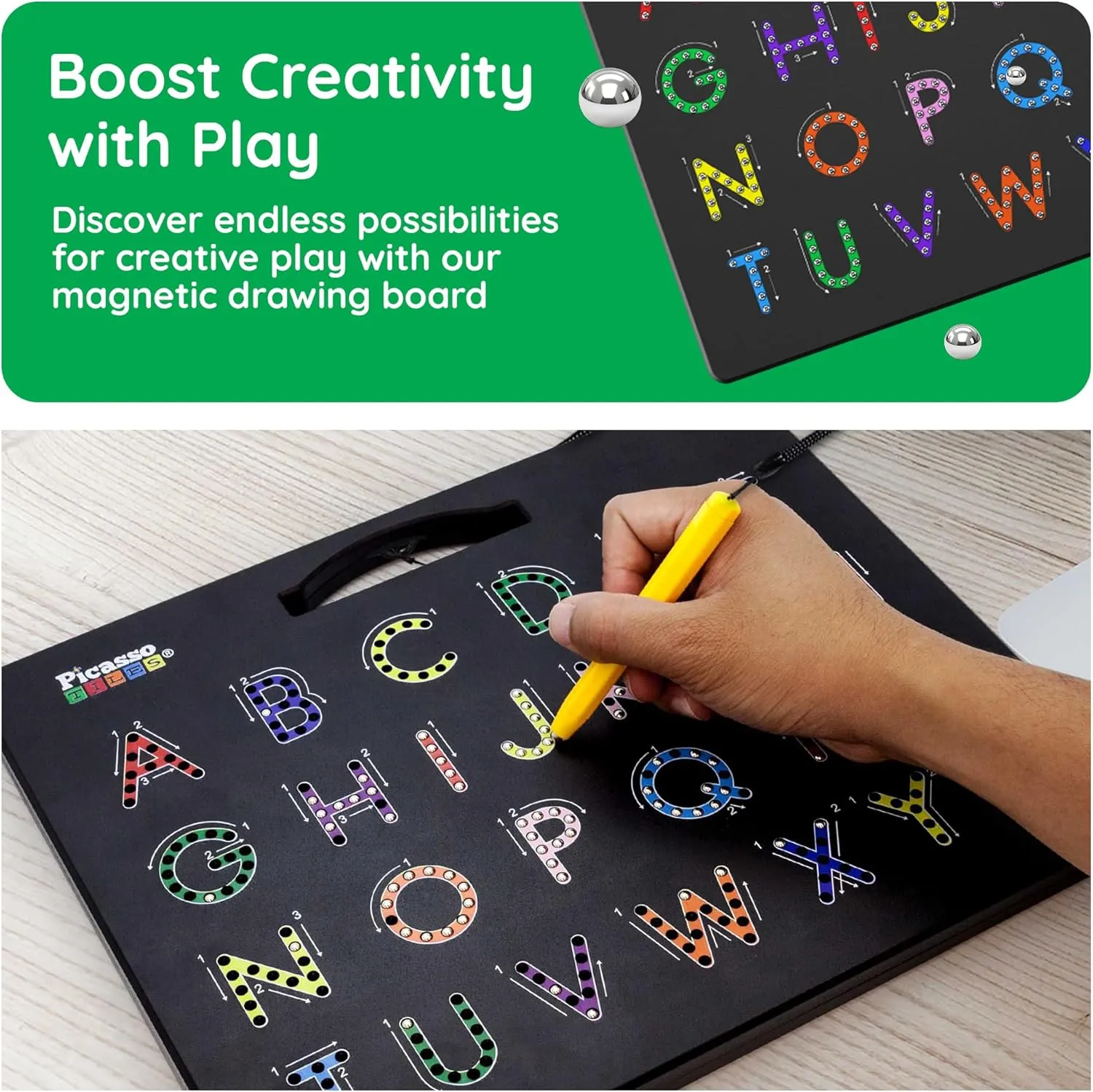 PicassoTiles 2-in-1 Magnetic Drawing Board Toy 12x10 inch Large Magnet Bead Tablet Pad with 2 Facings Alphabets STEM Educational Erasable & Reusable Learning Writing Playboard in Black PTB03
