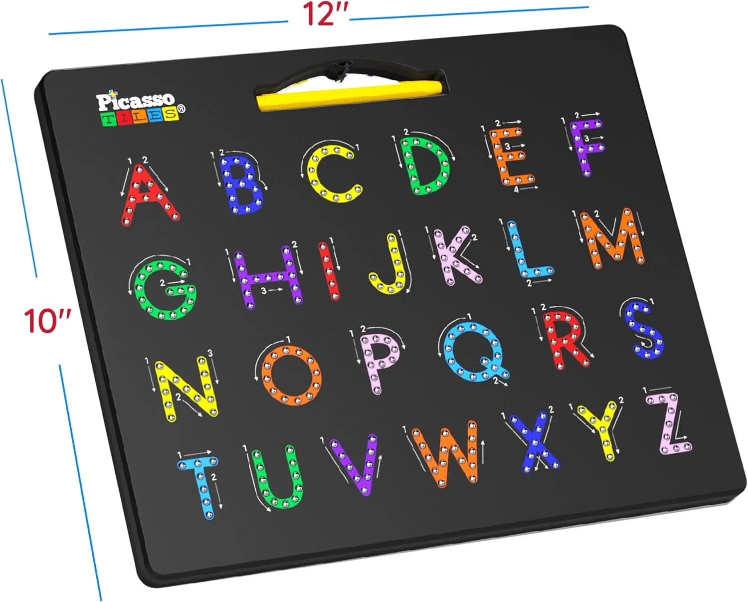 PicassoTiles 2-in-1 Magnetic Drawing Board Toy 12x10 inch Large Magnet Bead Tablet Pad with 2 Facings Alphabets STEM Educational Erasable & Reusable Learning Writing Playboard in Black PTB03