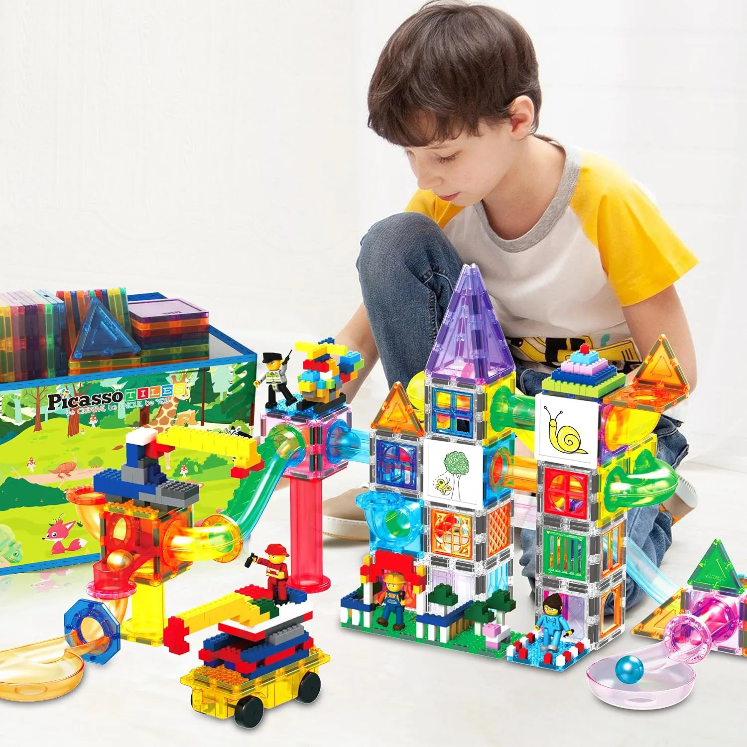 PicassoTiles 700 piece Marble Run Magnetic Tiles and Brick Combo Magnet Tile Building Blocks Construction Toddlers Toys Set with Storage Bin & Ideabook Character Action Figures STEM Kids Ages 3  PB700