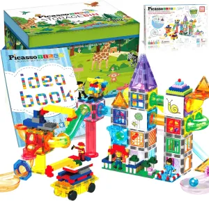 PicassoTiles 700 piece Marble Run Magnetic Tiles and Brick Combo Magnet Tile Building Blocks Construction Toddlers Toys Set with Storage Bin & Ideabook Character Action Figures STEM Kids Ages 3  PB700
