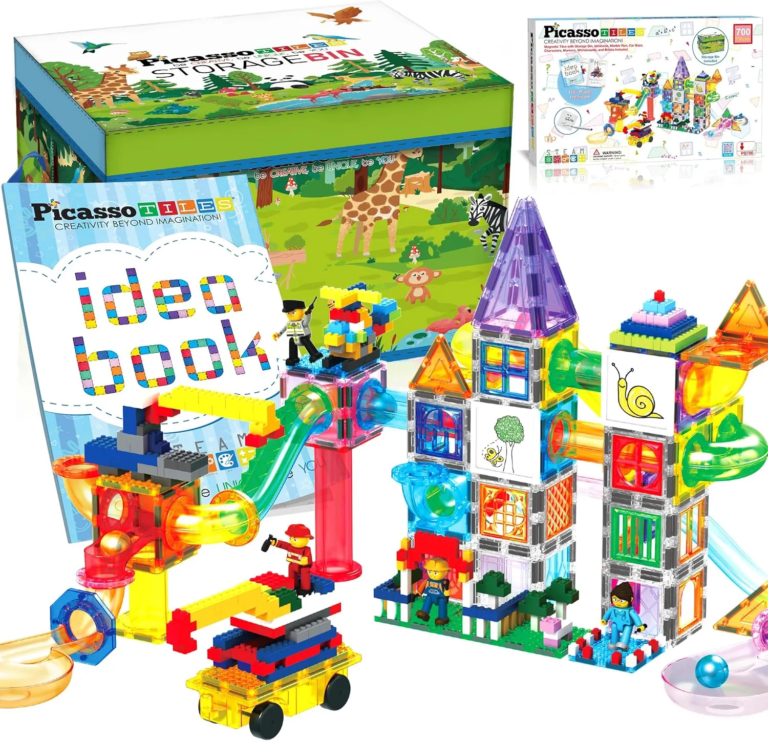 PicassoTiles 700 piece Marble Run Magnetic Tiles and Brick Combo Magnet Tile Building Blocks Construction Toddlers Toys Set with Storage Bin & Ideabook Character Action Figures STEM Kids Ages 3  PB700
