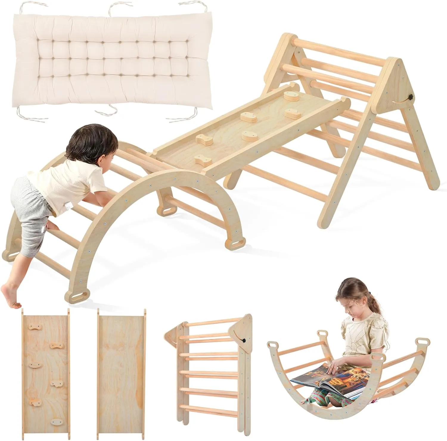 Pikler Triangle Set with Cushion, Toddler Climbing Toys Indoor Playground, Montessori Toys Climbing Set with Arch, Ramp, and Triangle for Kids, Indoor Jungle Gyms for Toddlers