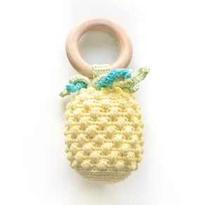 Pineapple Baby Fruit-Shaped Rattle and Sensory Teether Toy, 0-24 M, Soft Crochet & Beech Wood Teething Ring All-Natural Vegan & Kosher Certified 100% Plant Based Baby Toy, Gender Neutral Baby Gift